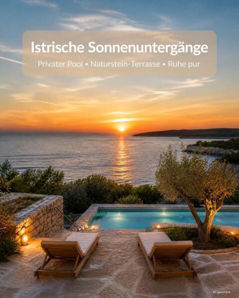 Istrische Naturstein-Terrasse mit kleinem Pool, zwei Liegen, Olivenbaum und Sonnenuntergang über dem Meer.