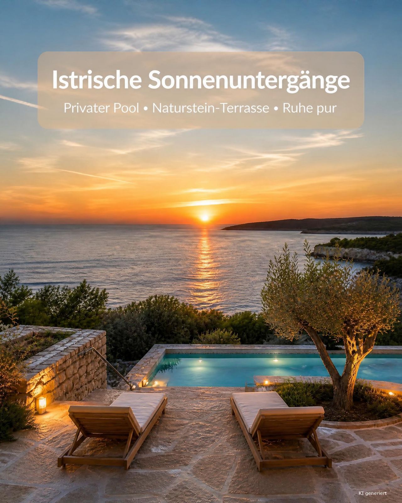 Istrische Naturstein-Terrasse mit kleinem Pool, zwei Liegen, Olivenbaum und Sonnenuntergang über dem Meer.